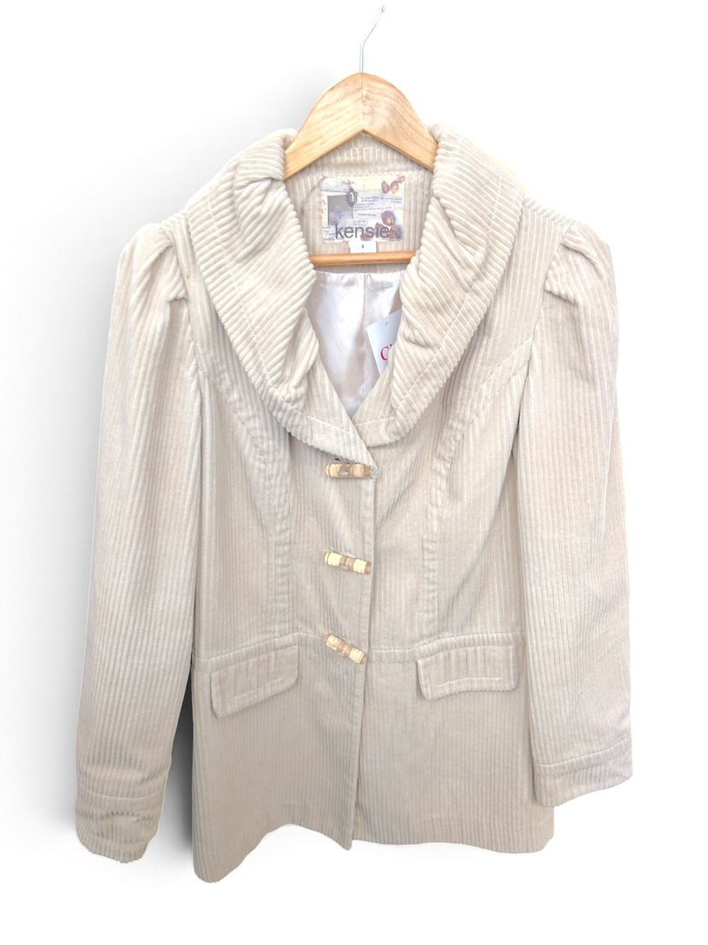 Kensie Cream Corded Shawl-Collar Blazer with Gold Toggles